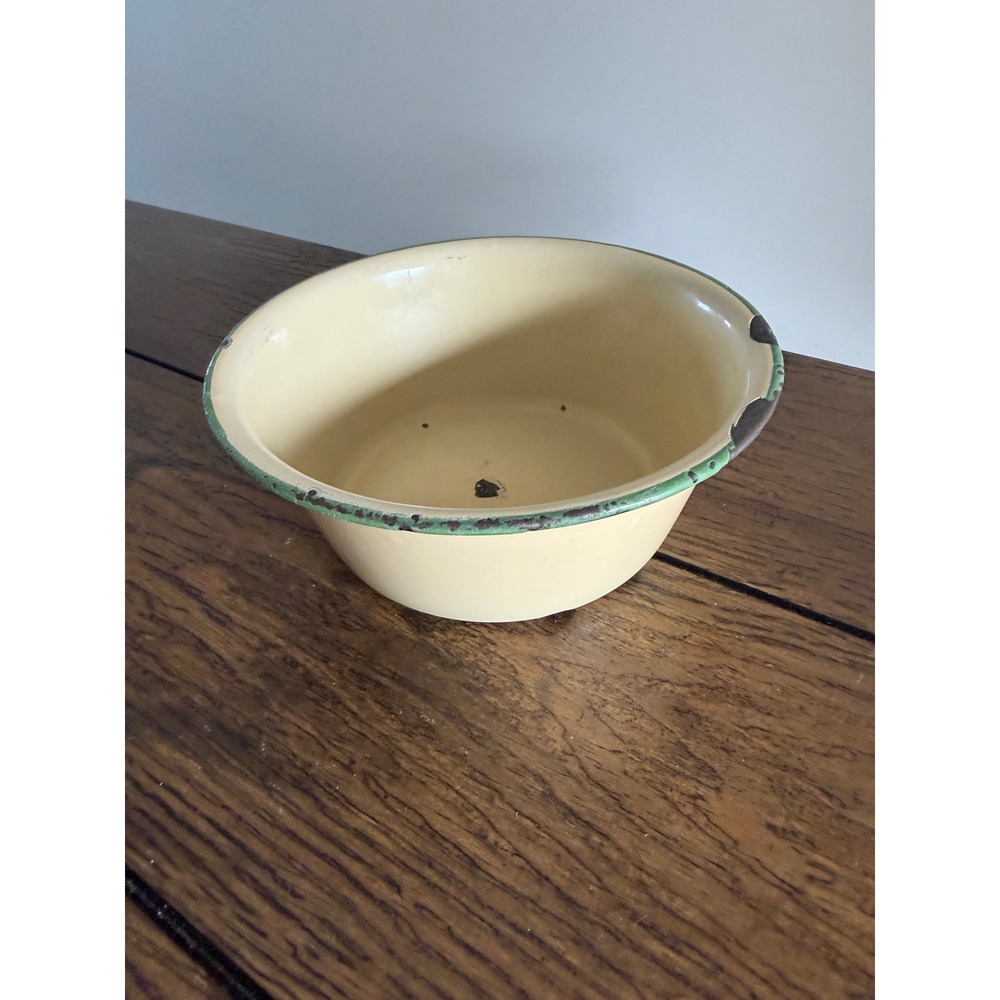 Vintage Enamel Bowl Cream Green Rim Distressed Farmhouse